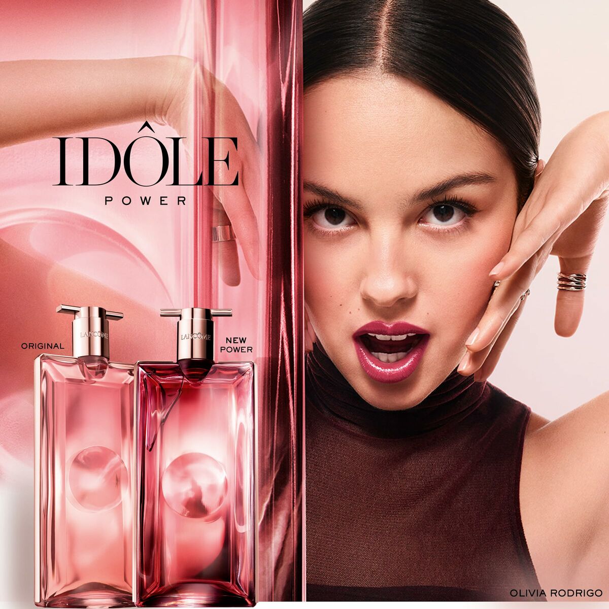 Parfum Lancôme IDÔLE EDP bottles showcasing original and new power fragrances with model promoting the scent.