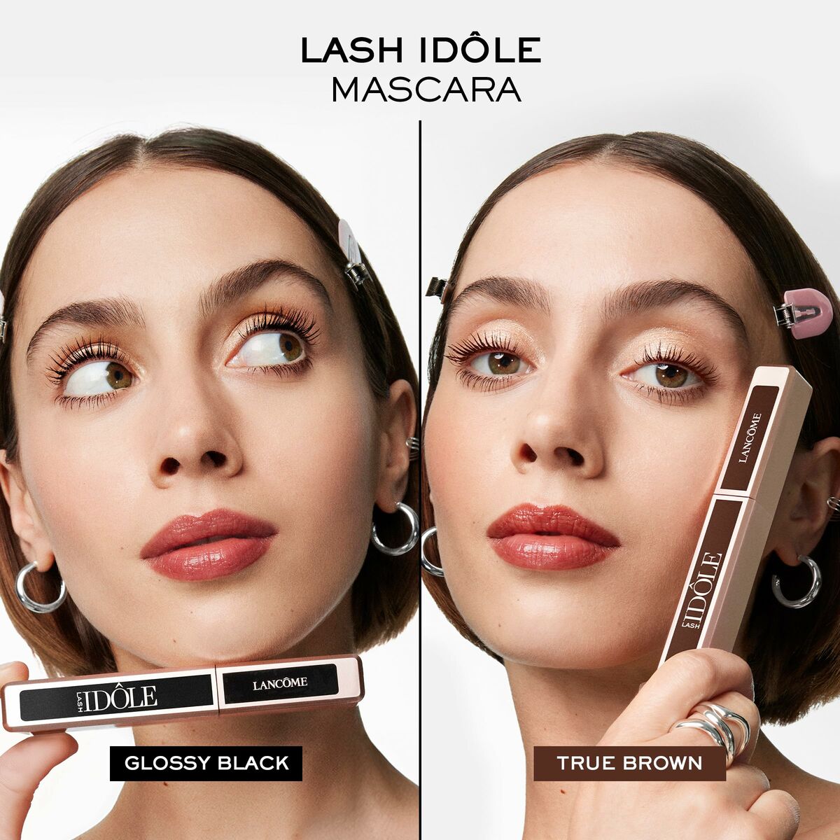 Model showcasing Lancôme Lash Idôle mascara in glossy black and true brown, highlighting versatile beauty options.