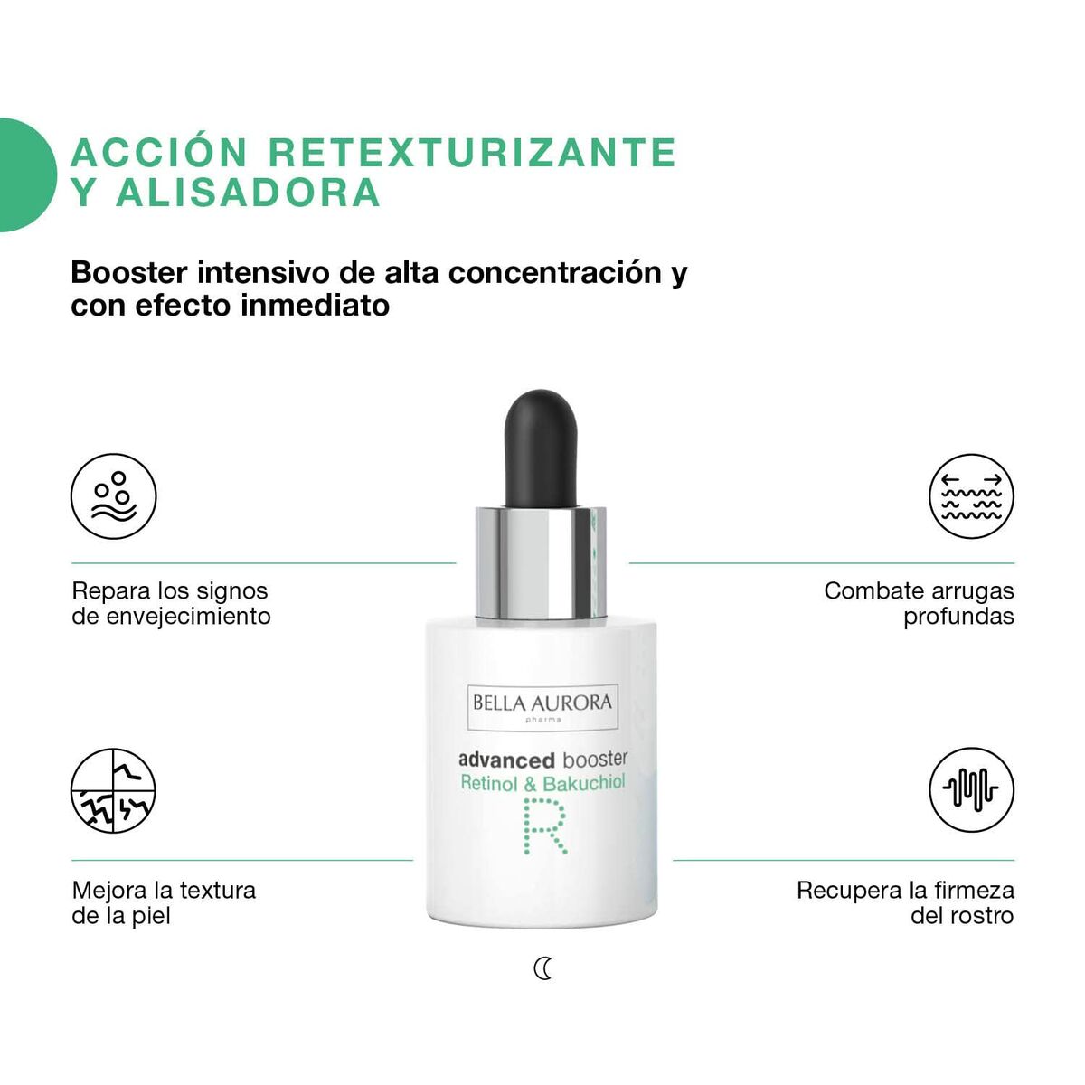 Flacon de serum Bella Aurora avec concentré de rétinol et bakuchiol, traite rides et améliore la texture de la peau.