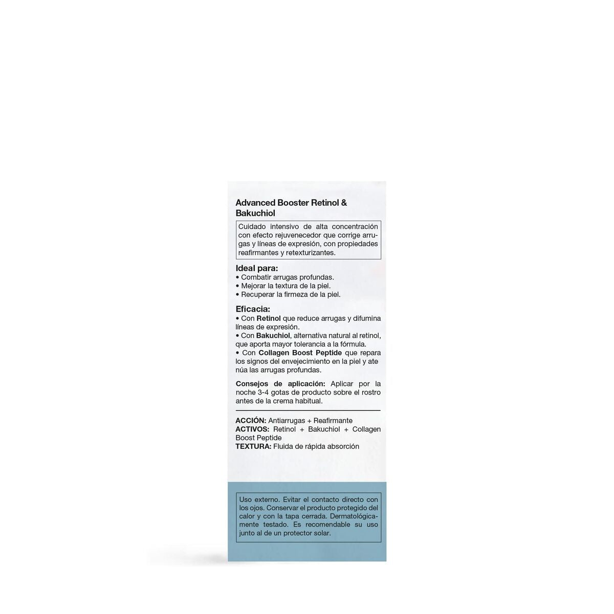Information panel for Advanced Booster Retinol & Bakuchiol skincare product, detailing usage and benefits for skin.