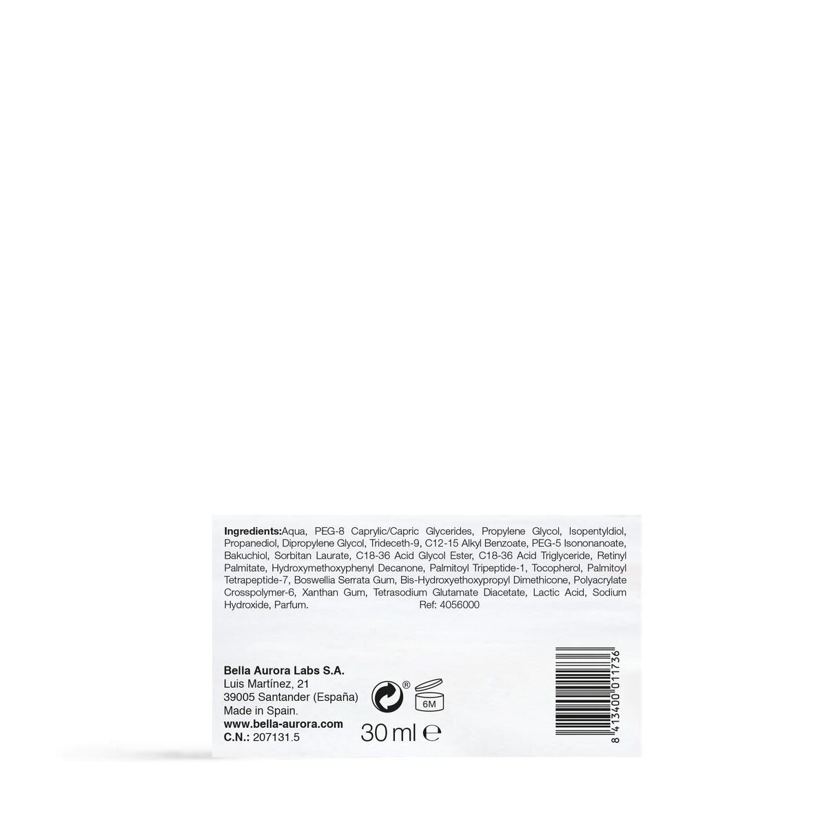 Ingredient list for Bella Aurora product, including details on formulation and manufacturer's information.