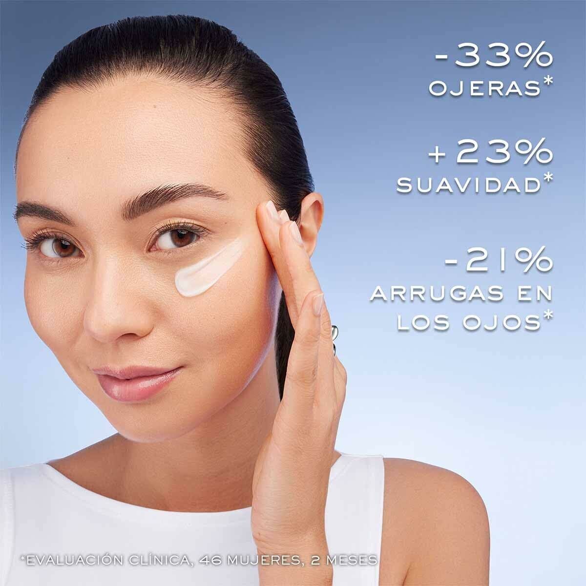 Woman applying eye cream, showcasing results on dark circles, smoothness, and wrinkles reduction.