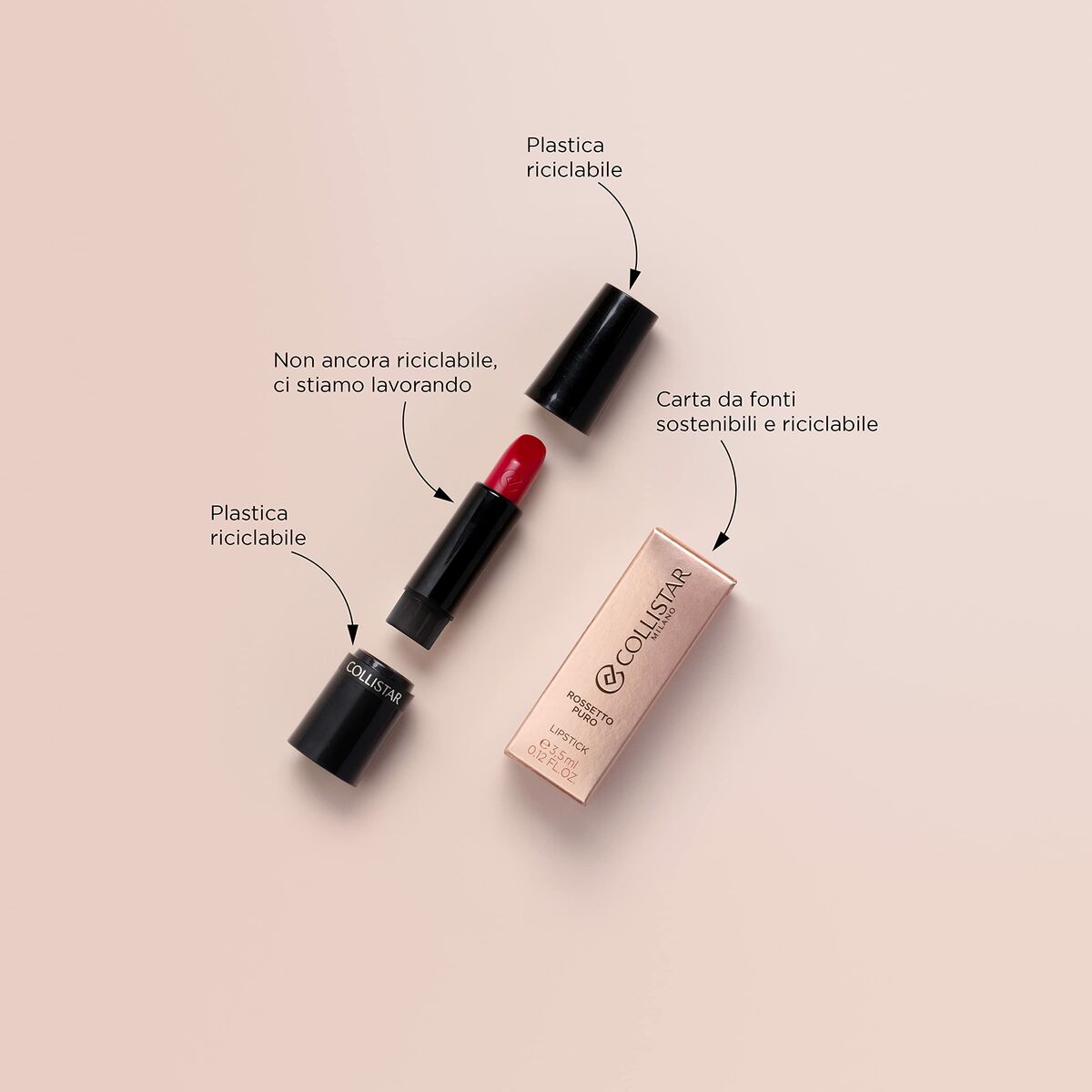 Collistar lipstick packaging highlighting recyclable materials and eco-friendly components.