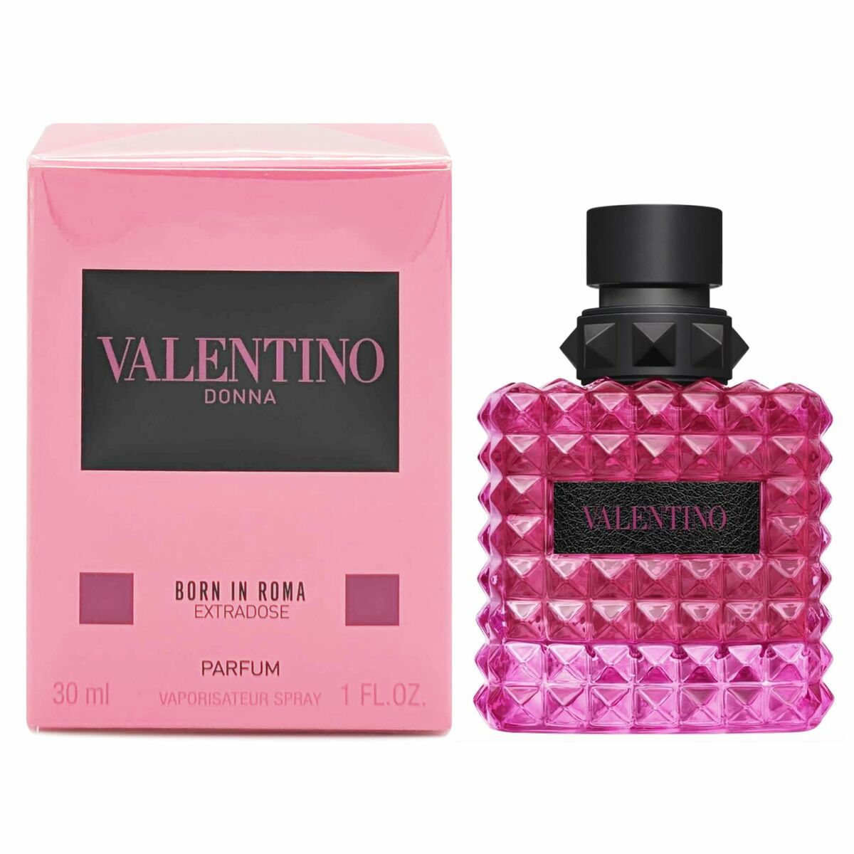 Parfum Femme Valentino Donna Born in Roma, 30 ml, vaporisateur spray, emballage rose et flacon à piques.
