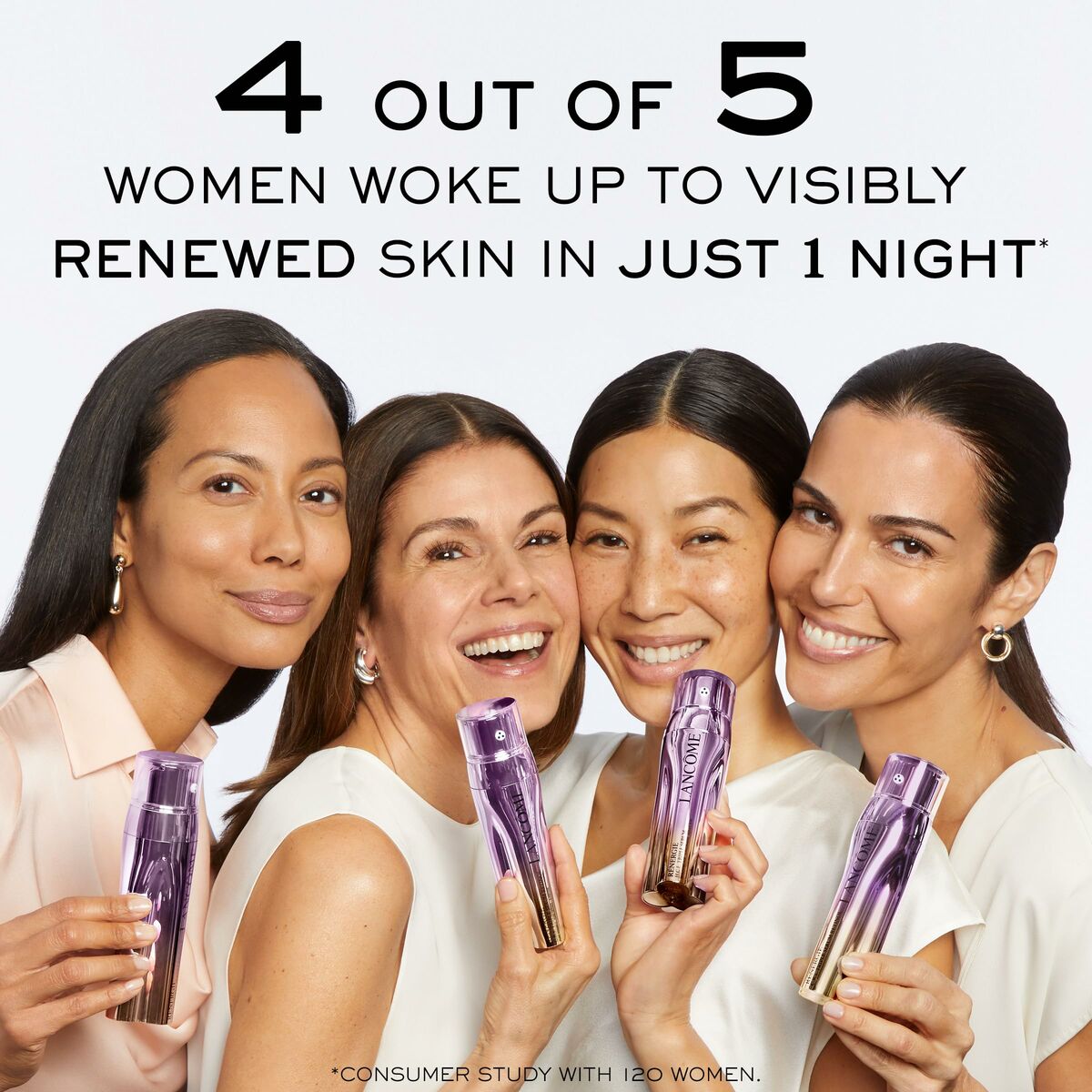 Four diverse women hold skincare products, celebrating results of visible renewal in just one night.
