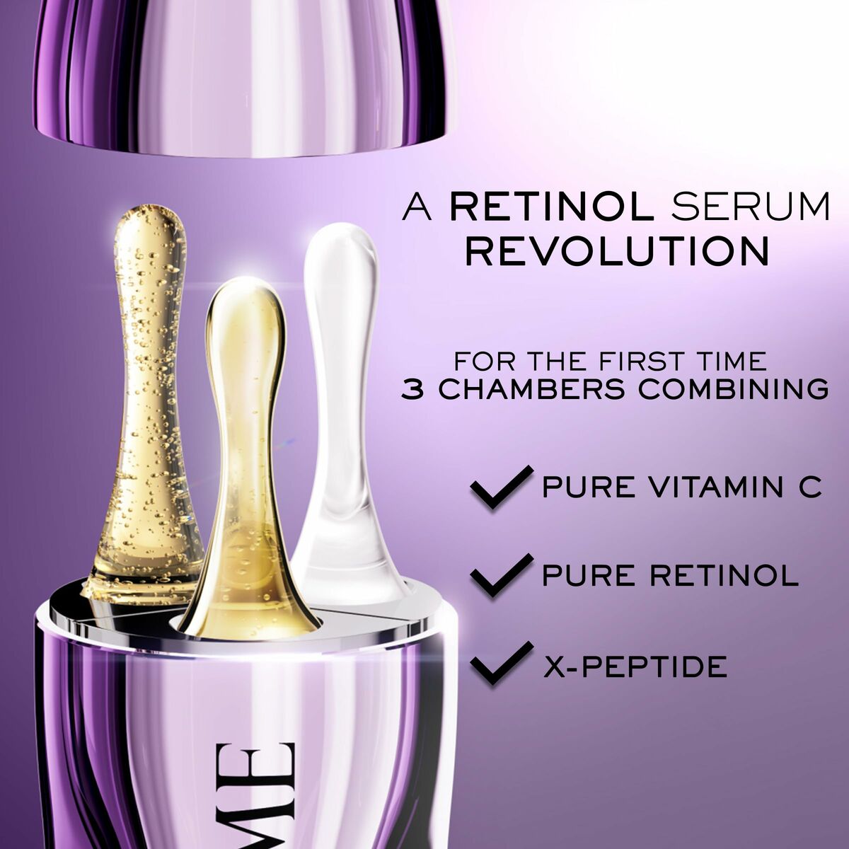 Lancôme retinol serum with three chambers: pure vitamin C, retinol, and X-peptide for enhanced skincare.