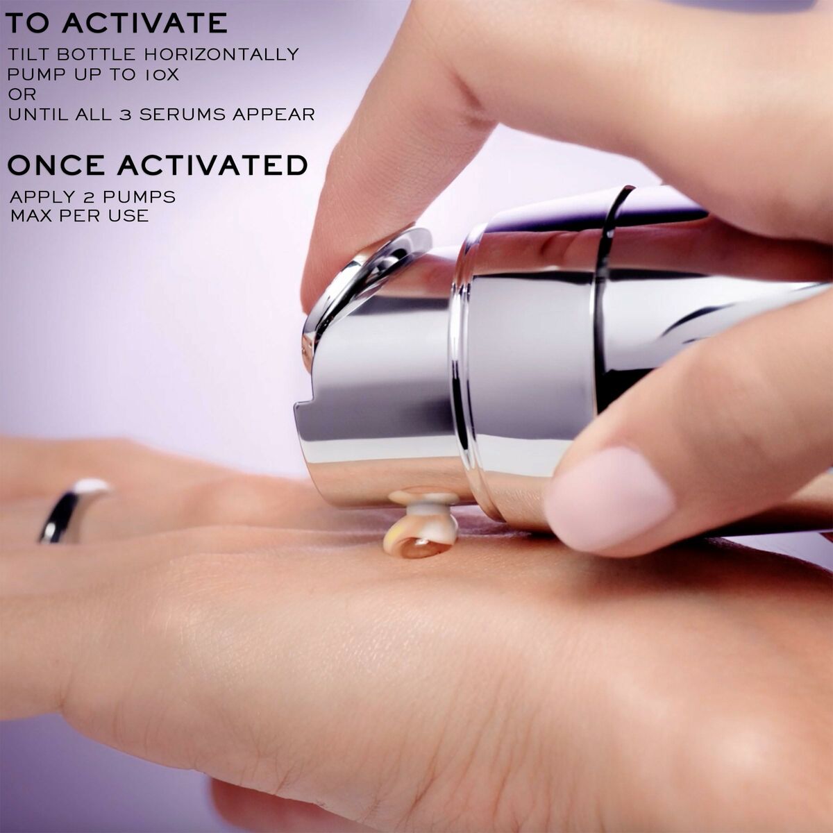 Application instructions for Lancôme RÉNERGIE cream, showcasing serum pump on skin.