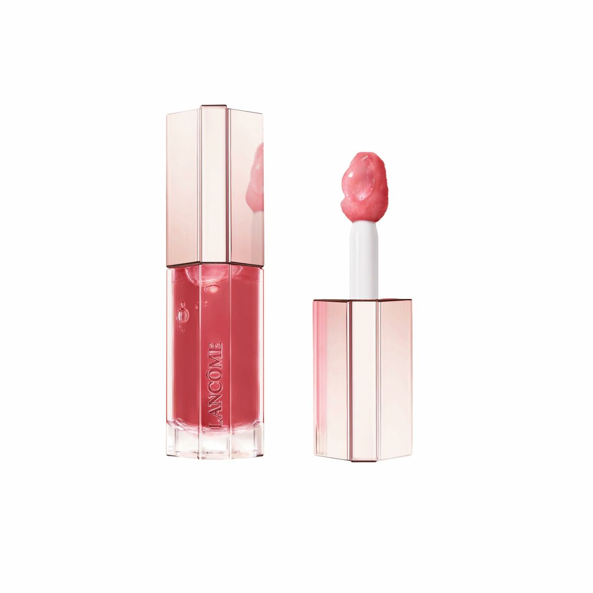 Rouge à lèvres Lancôme IDÔLE MAKE-UP en flacon transparent avec applicateur, couleur rose tendance.