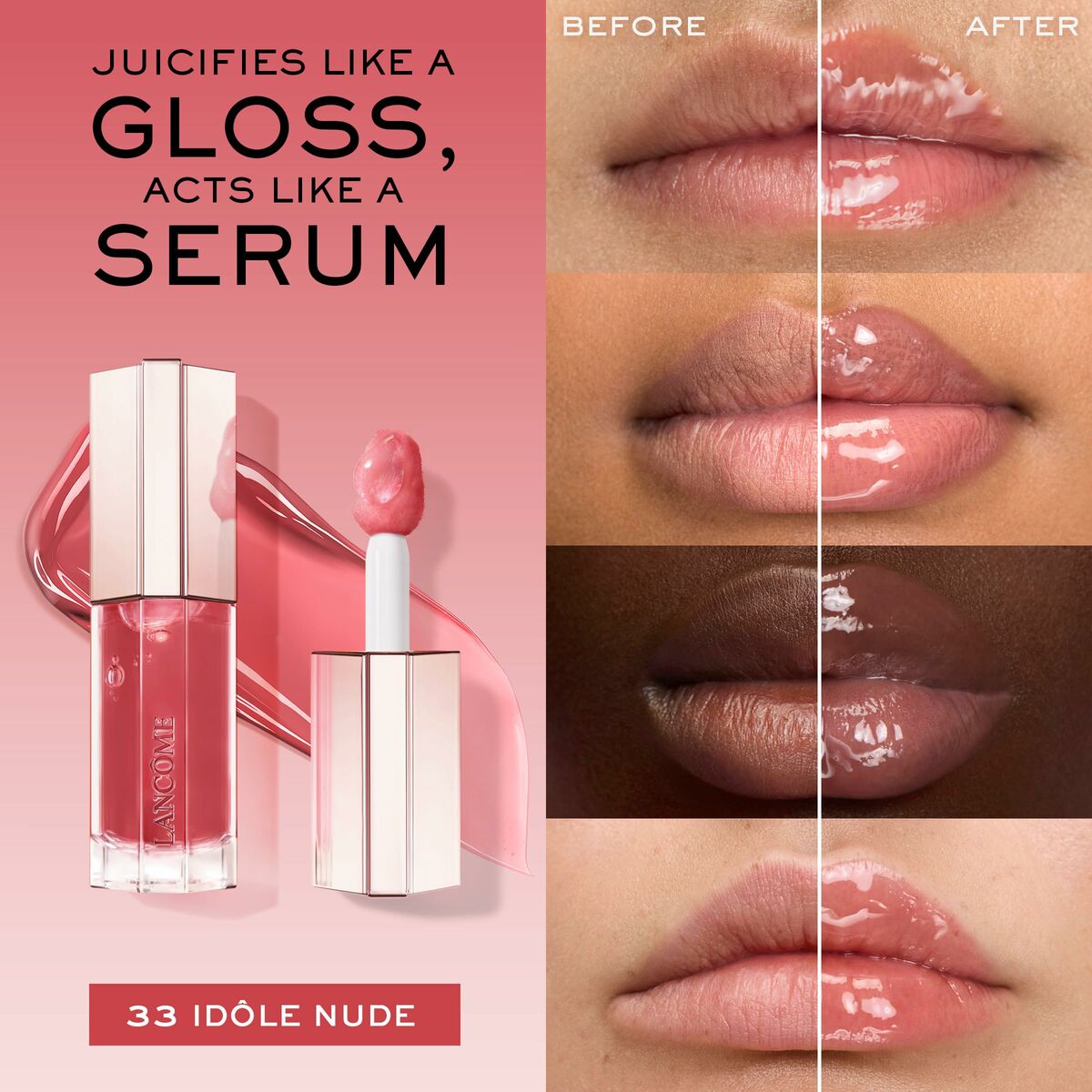 Rouge à lèvres Lancôme IDÔLE MAKE-UP 33 Idôle Nude, avant et après application, effet gloss et sérum.