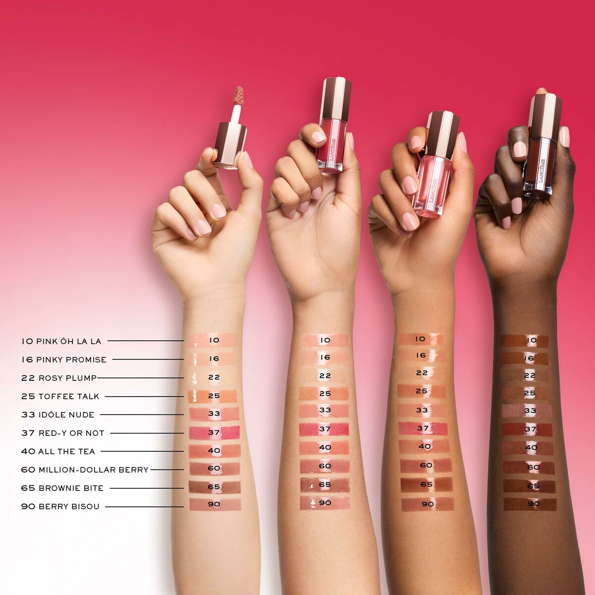 Swatches of Lancôme IDÔLE lipstick shades with hands displaying various nude and pink tones on a gradient background.