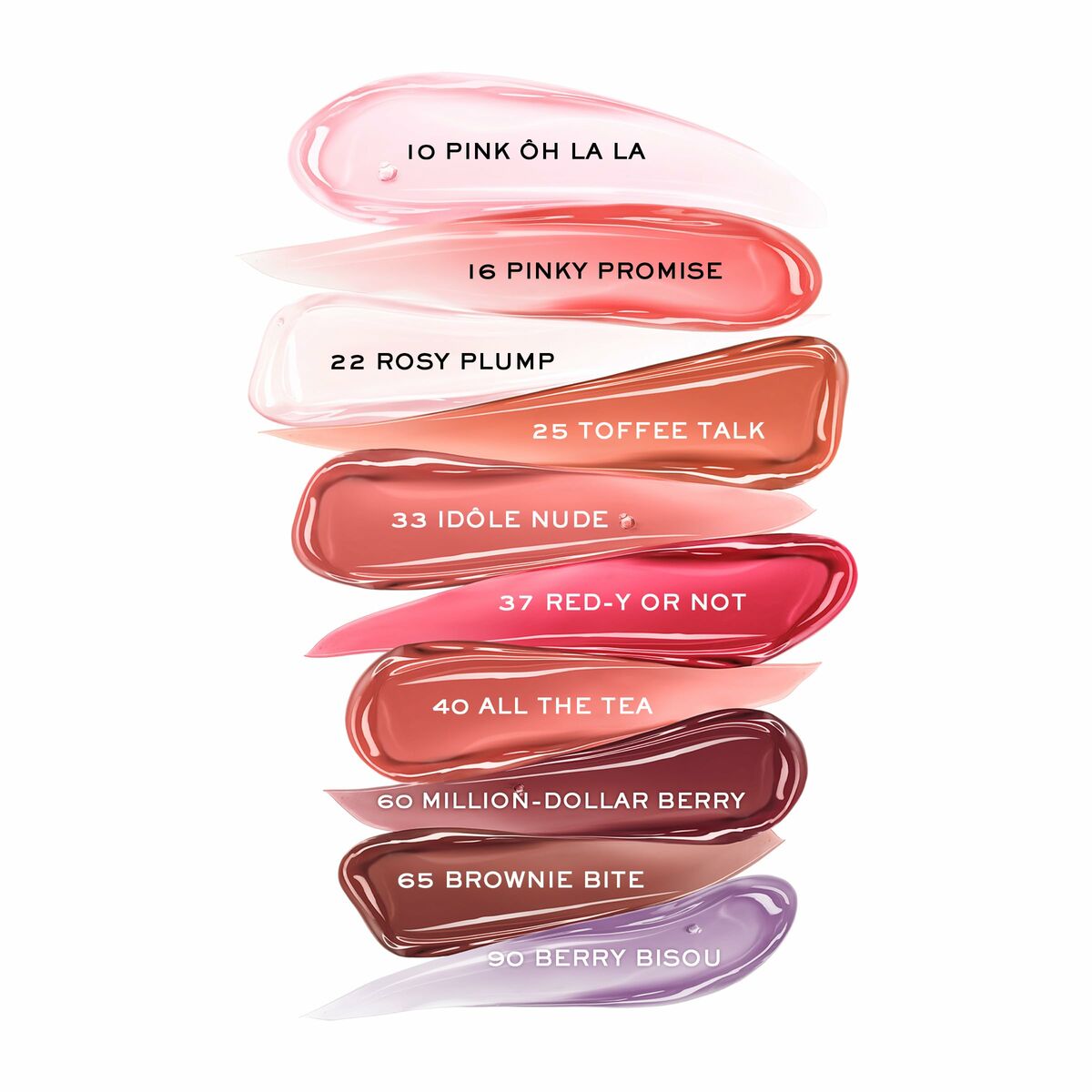 Swatches of Lancôme IDÔLE MAKE-UP lipsticks in various vibrant shades, showcasing colors like Pink Oh La La and Berry Bisou.
