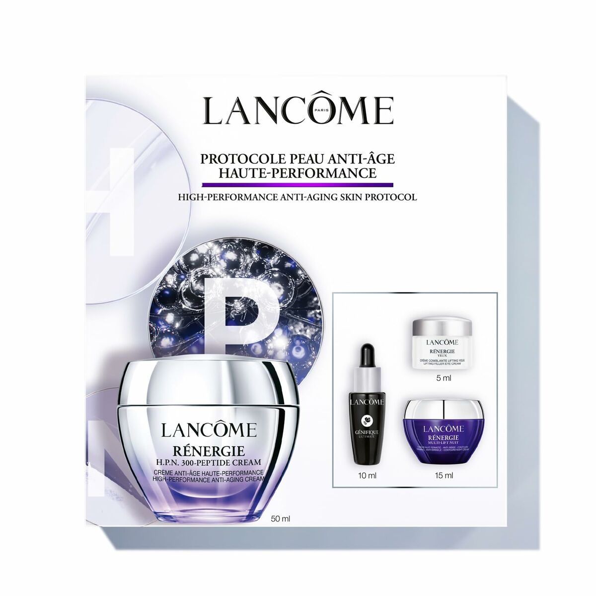 Set de soins anti-âge Lancôme RÉNERGIE, comprenant crème et sérum performants.