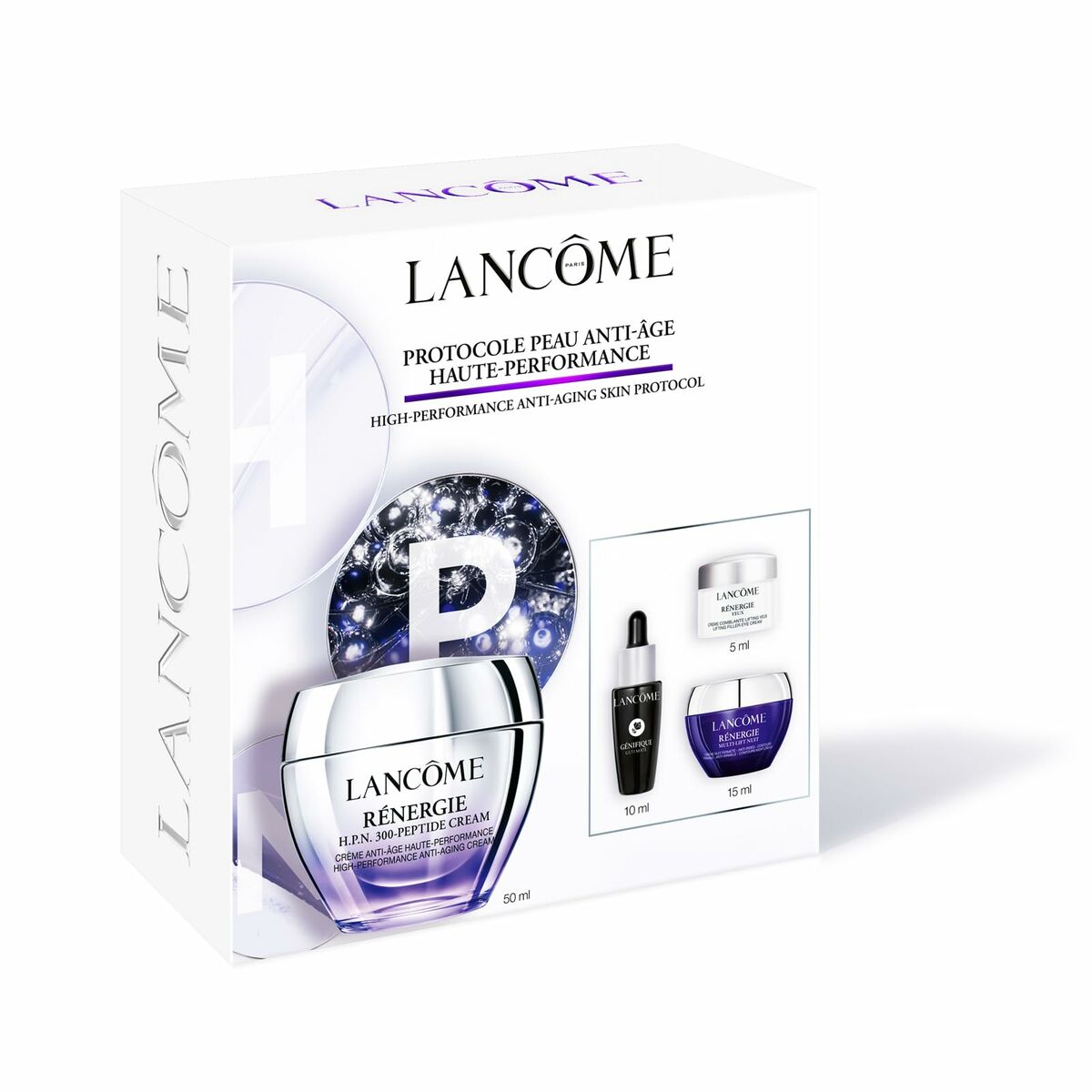 Set de maquillage haute performance Lancôme RÉNERGIE, incluant crème et sérum anti-âge.