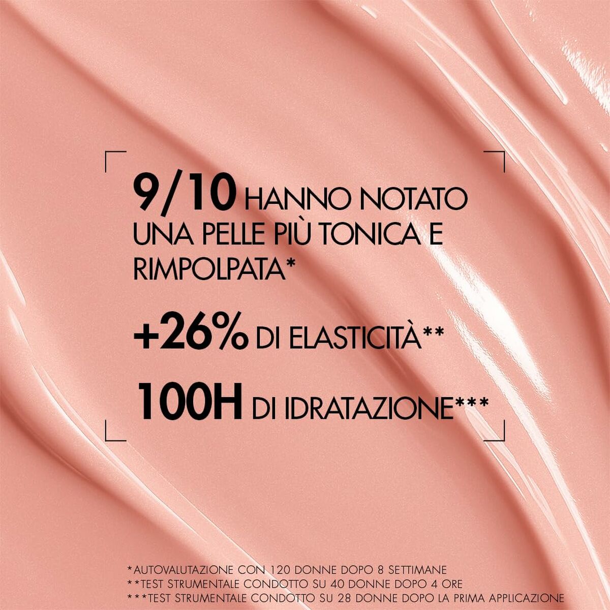 Texture of Biotherm COLLAGEN FIT lotion showing statistics on skin elasticity and hydration benefits.