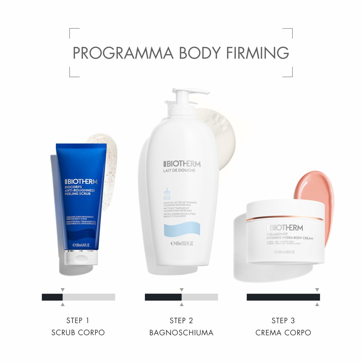 Biotherm body firming program steps: exfoliating scrub, shower gel, and body cream.