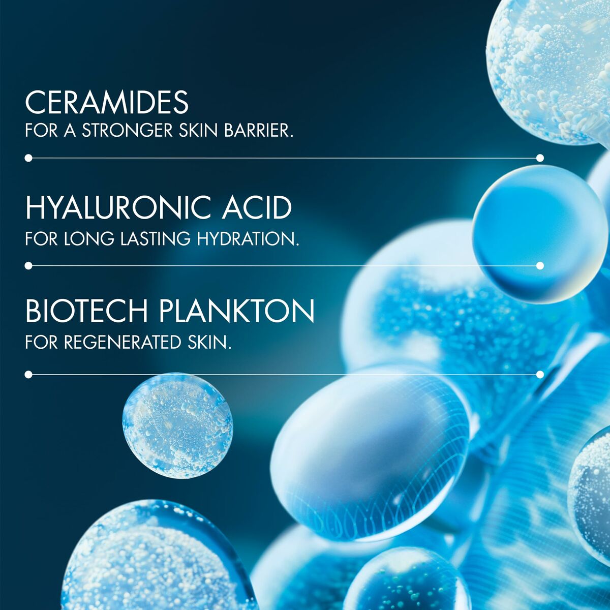 Illustration of ceramides, hyaluronic acid, and biotech plankton for skincare benefits.
