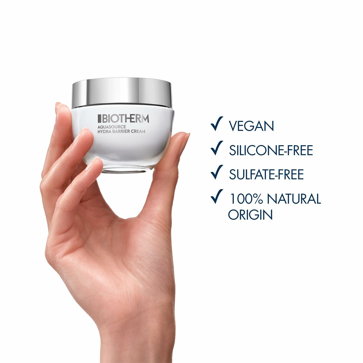 Biotherm AQUASOURCE face cream in hand, highlighting vegan, silicone-free, sulfate-free, and 100% natural origin features.