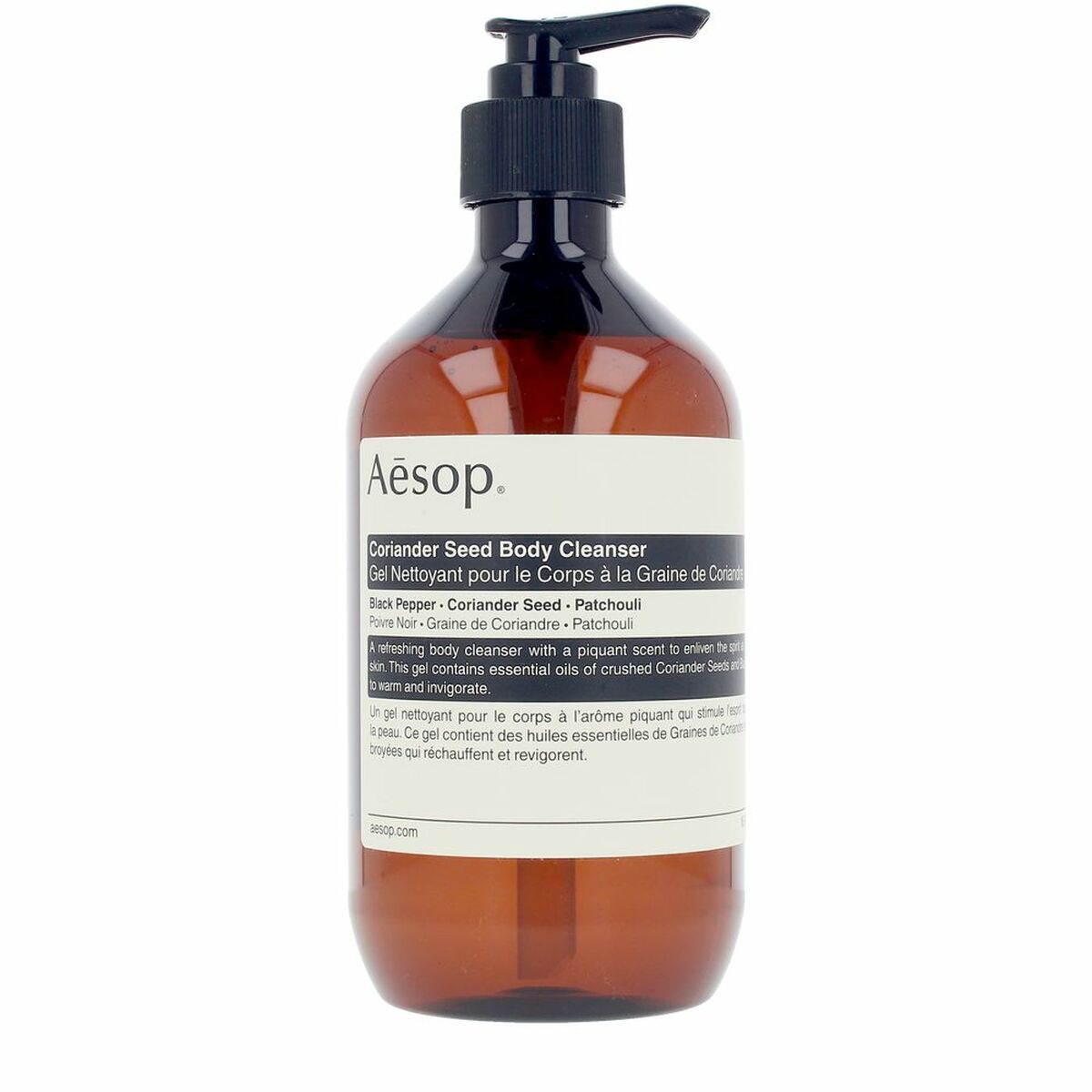 Aesop Coriander Seed Gel Nettoyant 500ml, vegan body cleanser in amber bottle with pump for unisex personal care.