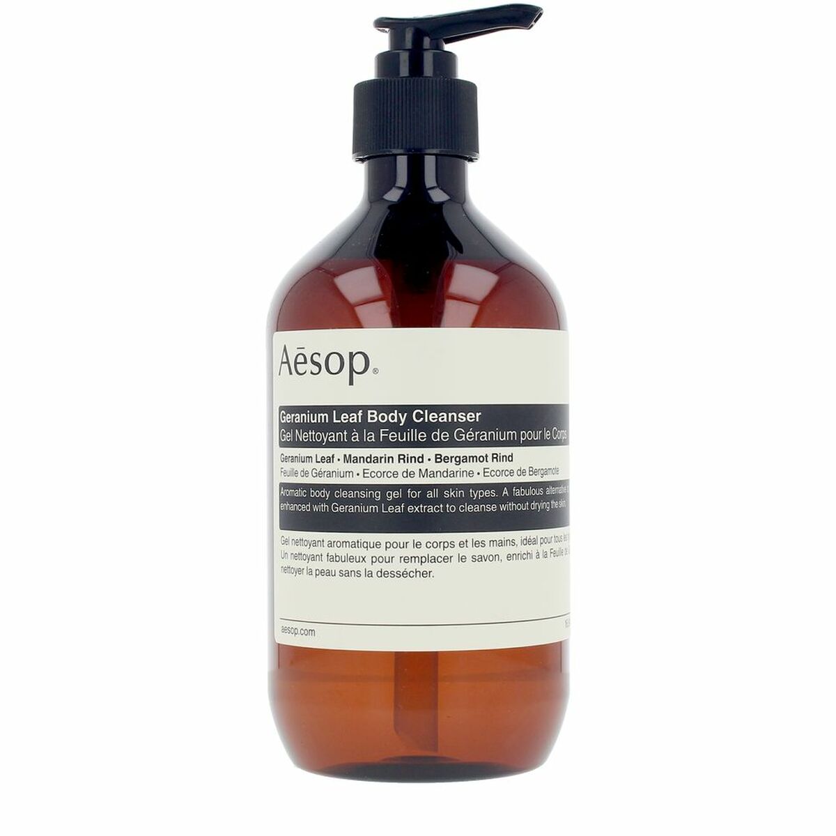 Aesop Geranium Leaf Body Cleanser 500ml, vegan body gel, unisex, aromatic and fruity scent in brown pump bottle.