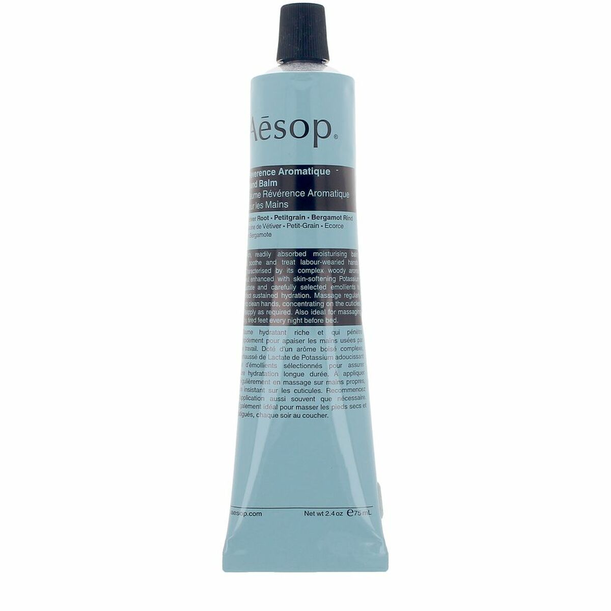 Lotion mains Aesop Révérence Aromatique 75 ml dans tube léger, vegan et non testé sur animaux.