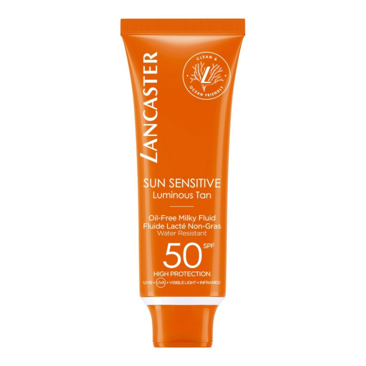 Lancaster Sun Sensitive Luminous Tan SPF 50, oil-free milky fluid, water resistant, high protection sunscreen for face.