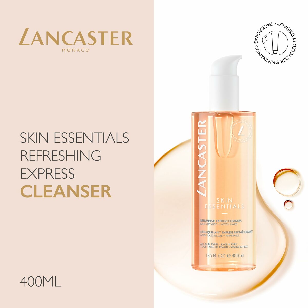 Lancaster Skin Essentials Refreshing Cleansing Gel 400ml, vegan facial cleanser with eco-friendly packaging.