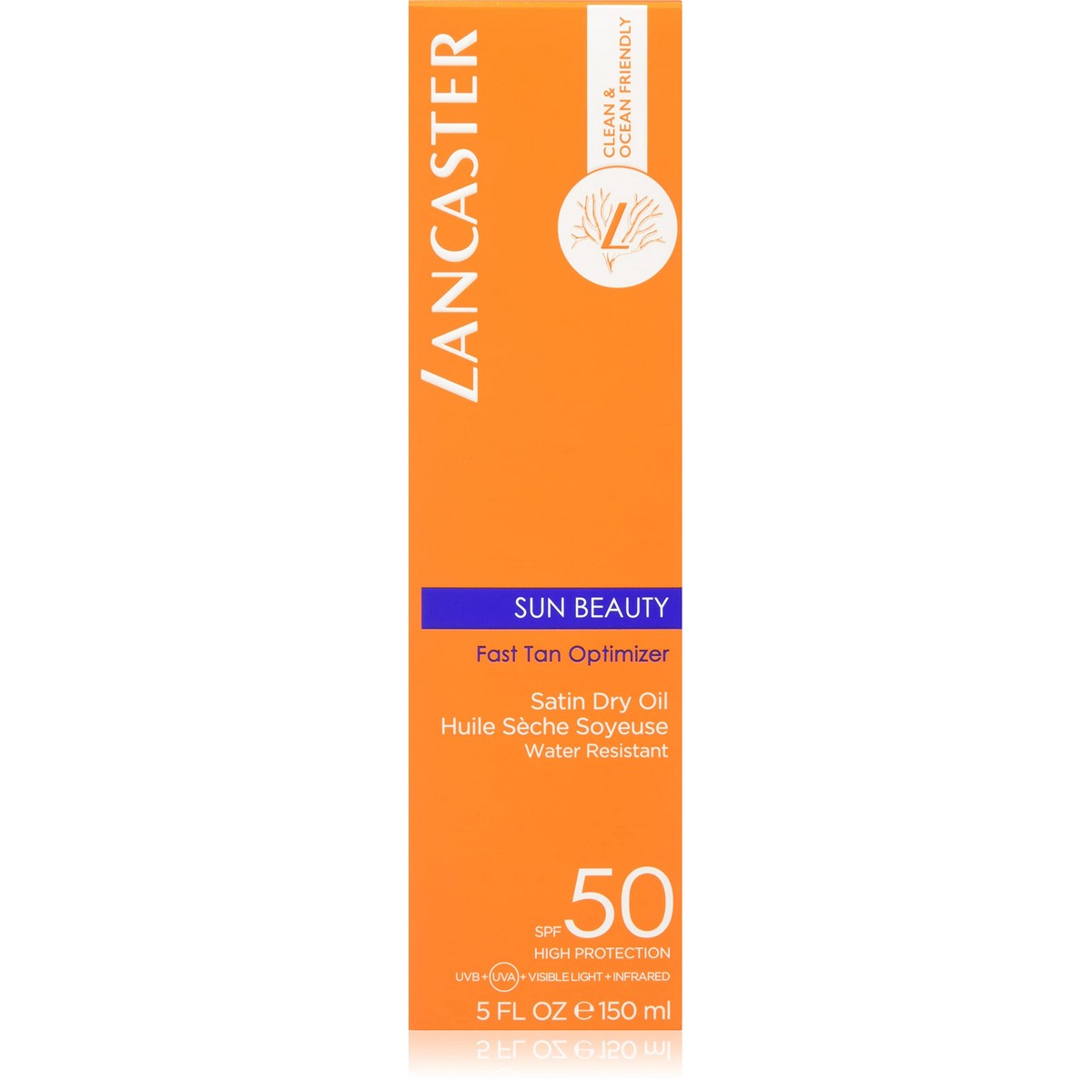 Lancaster Sun Beauty SPF 50 sunscreen, 150 ml, water-resistant satin dry oil for healthy bronzed skin.