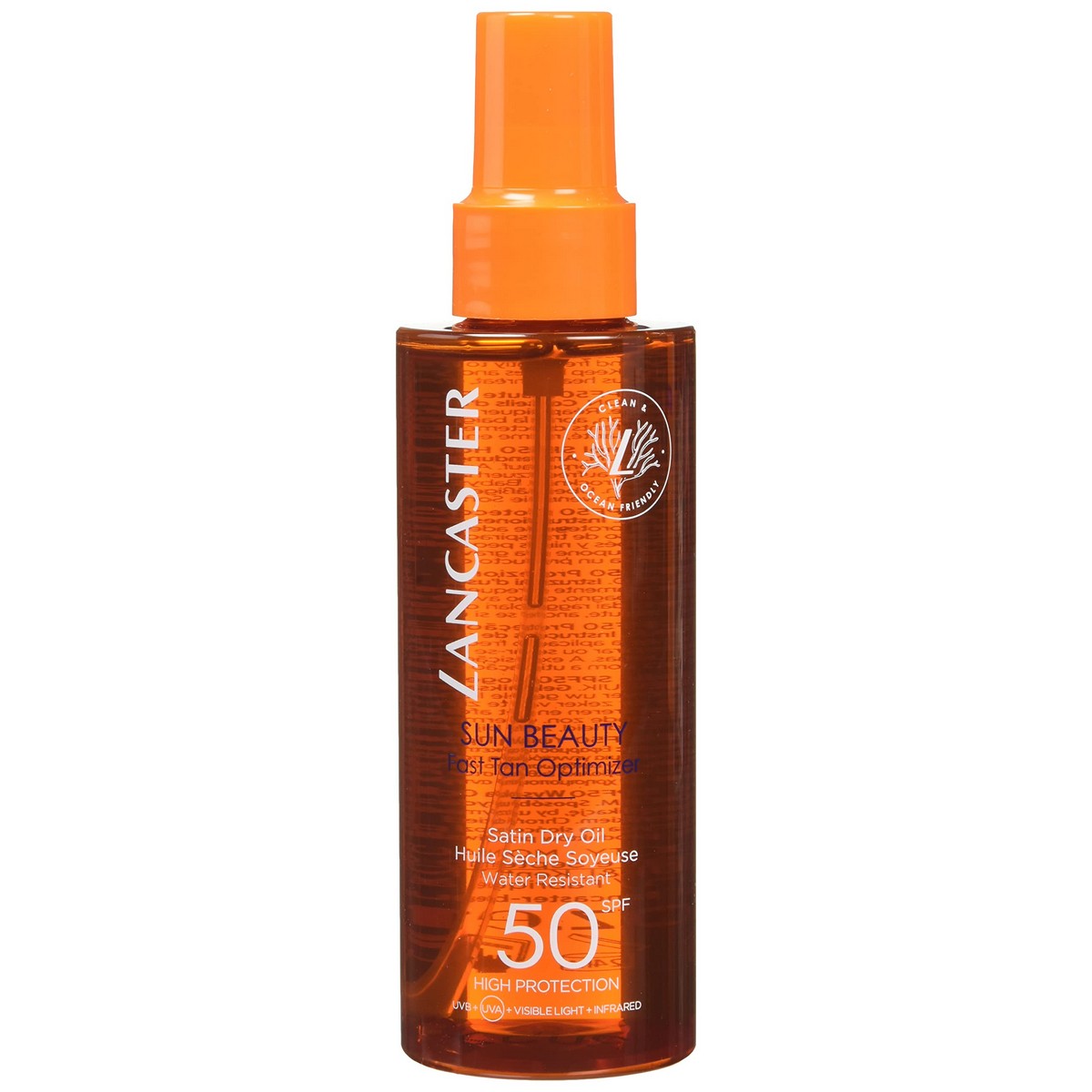 Protecteur Solaire Lancaster Sun Beauty SPF 50, huile sèche satinée, résistance à l'eau, 150 ml pour bronzage sain.