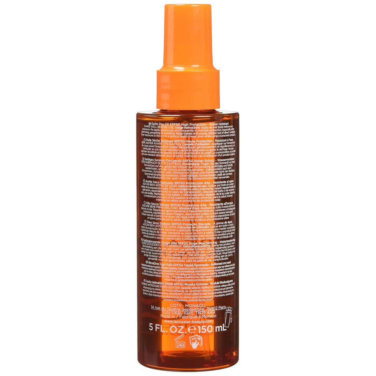 Flacon de Protecteur Solaire Lancaster Sun Beauty SPF 50, 150 ml, pour une peau bronzée et protégée.