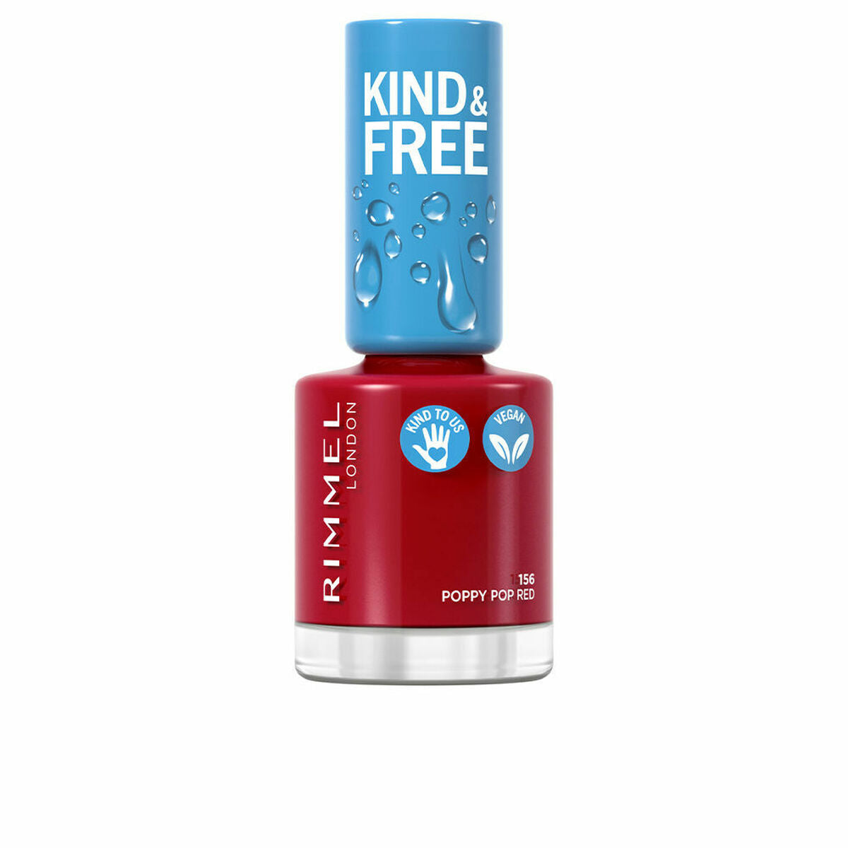 Vernis à ongles Rimmel London Kind & Free 156 Poppy Pop Red, 8 ml, végan, sans parfum, emballage durable.