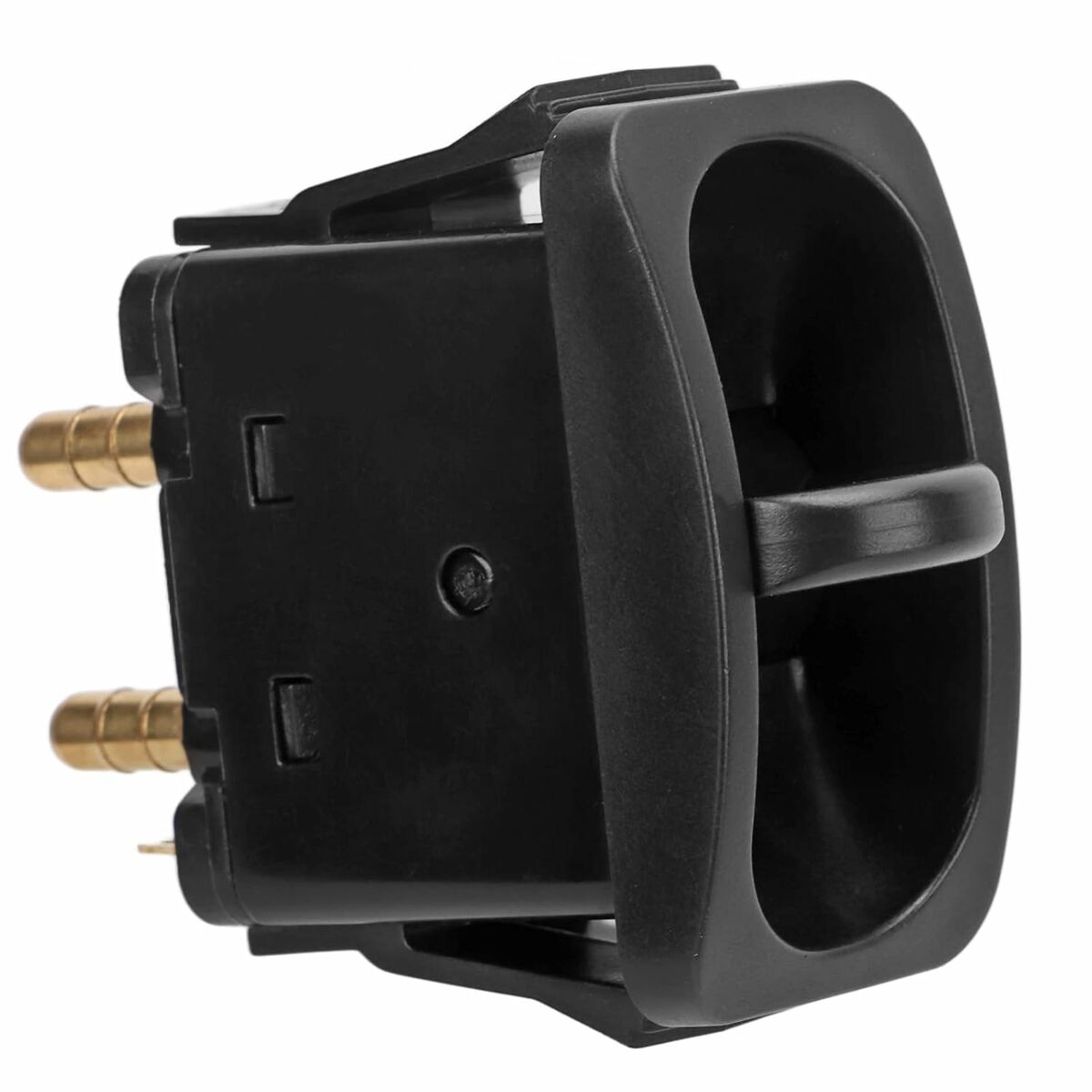Black electrical connector with two gold pins, designed for secure electrical connections.