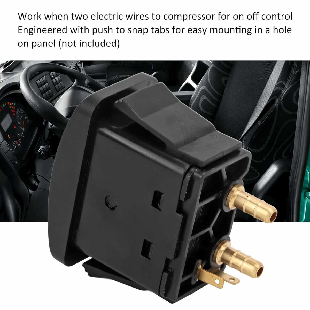 Compressor switch for on/off control with snap tabs, easy panel mounting, suitable for vehicle installation.