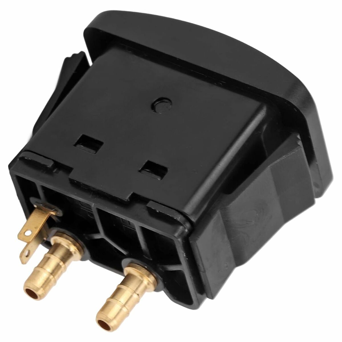 Connecteur électrique noir avec broches dorées pour câblage, vue de dessus.