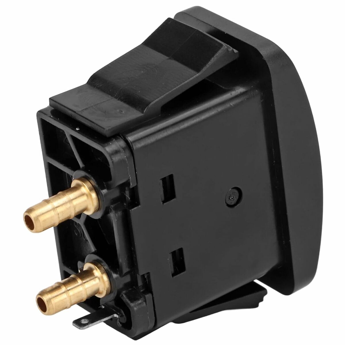 Black plastic connector with gold-colored outlets, ideal for various plumbing and HVAC applications.