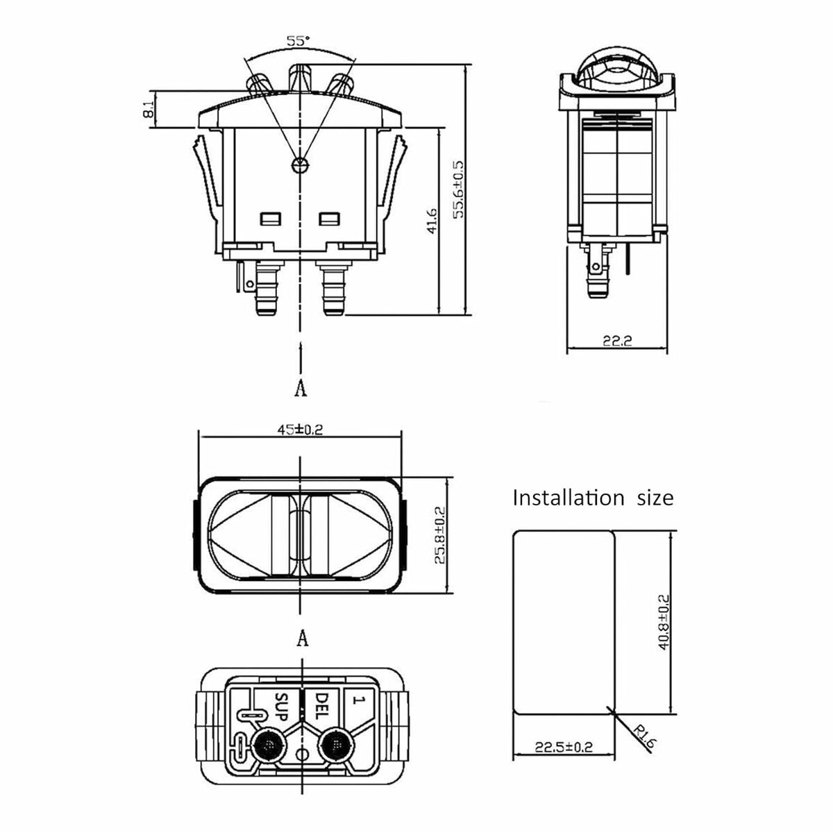 Technical drawing of a dual installation water pump with measurements and installation size specifications.
