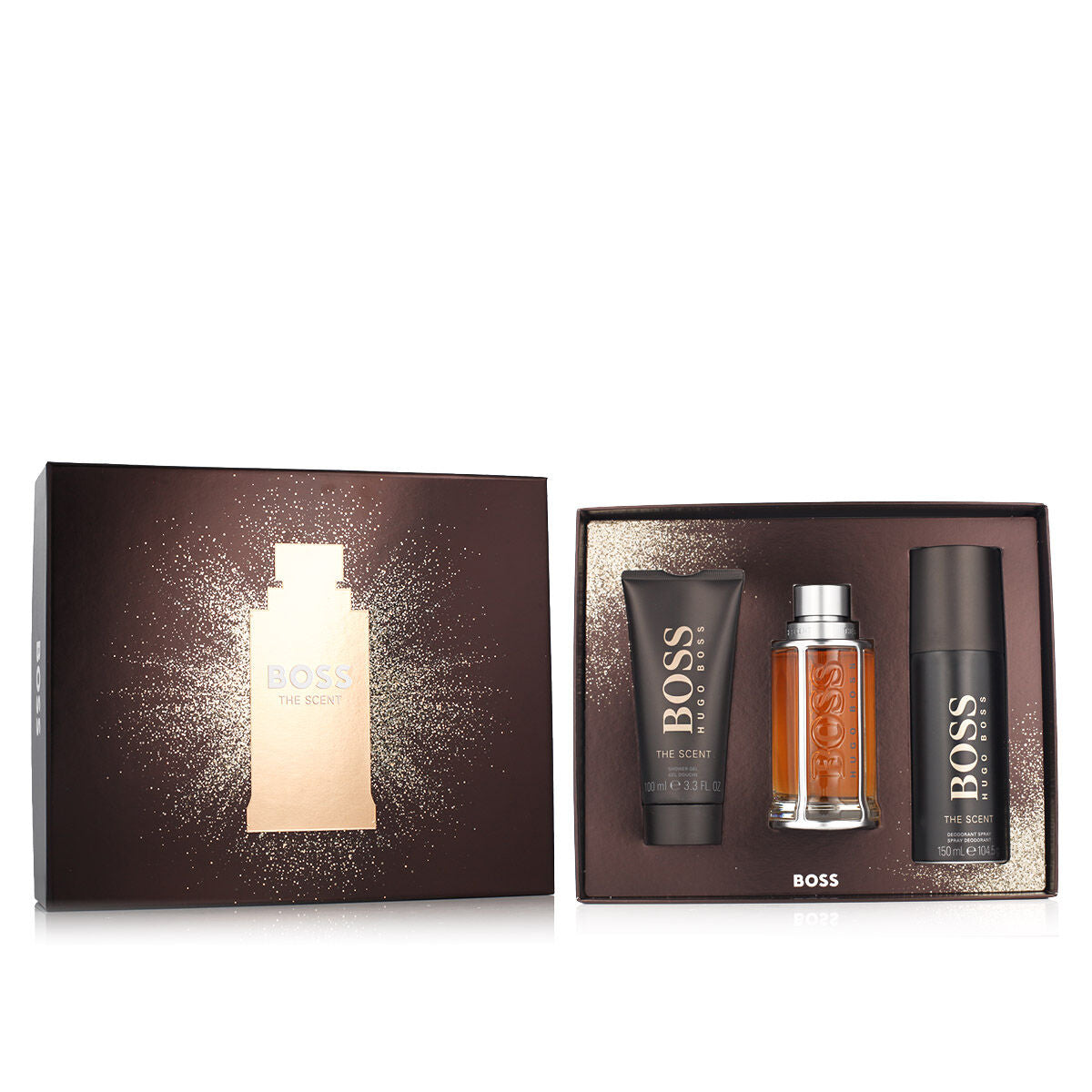 Set de parfum homme Hugo Boss 3 pièces avec flacon et produits cosmétiques, idéal pour offrir.