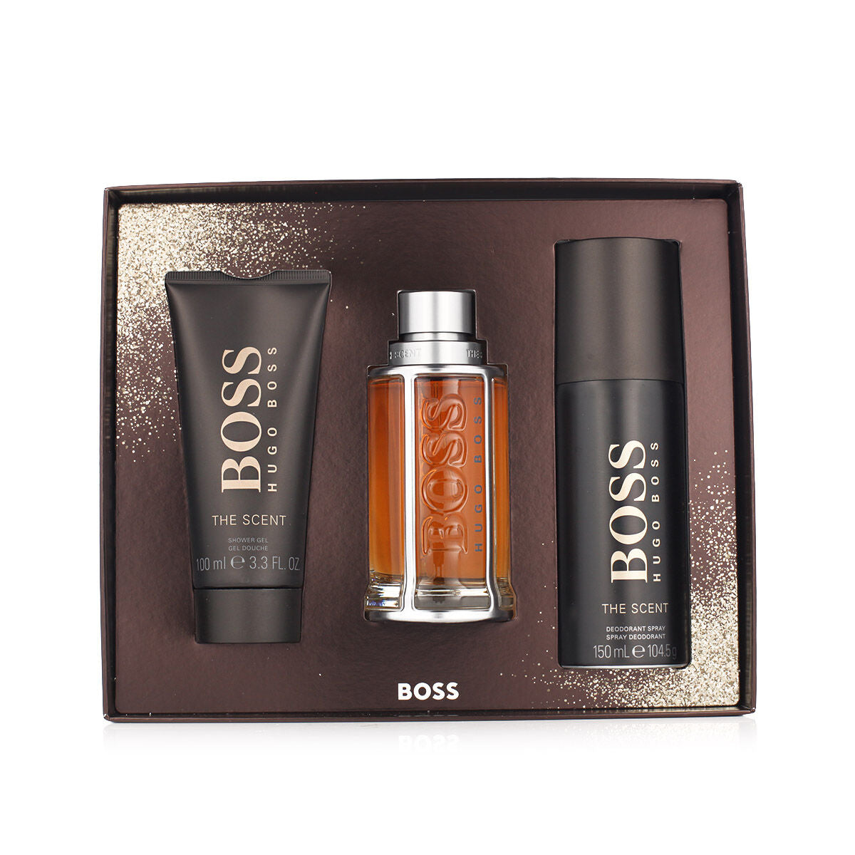 Set de parfum Hugo Boss 3 pièces, incluant 100ml de parfum et produits cosmétiques, emballage élégant.