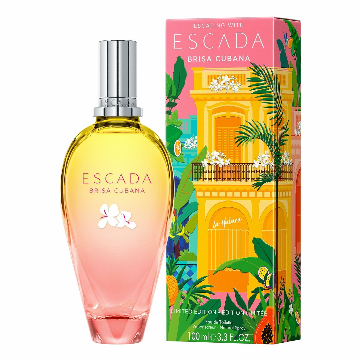 Escada Brisa Cubana EDT in a stylish bottle with vibrant tropical packaging, celebrating femininity and authenticity.