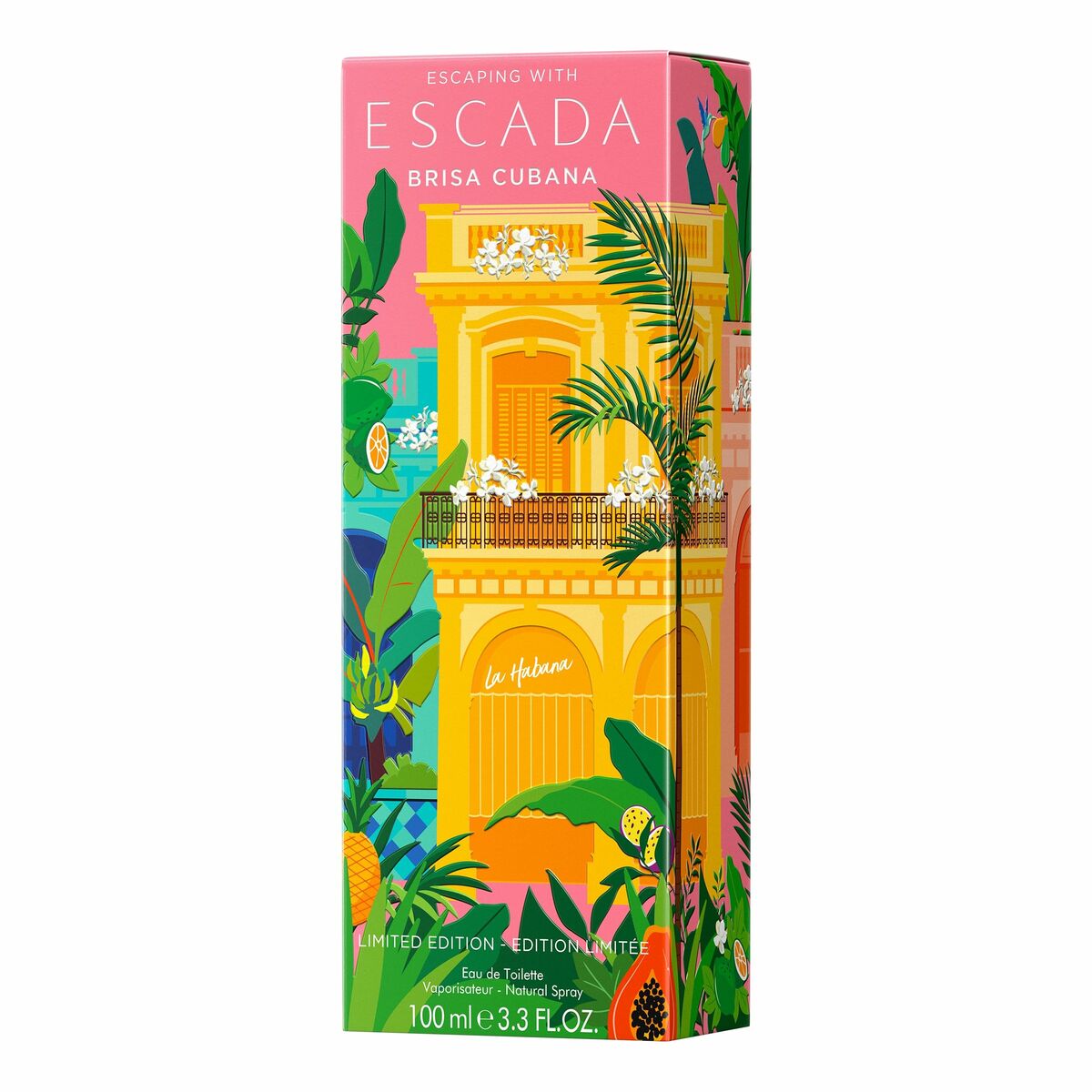 Escada Brisa Cubana EDT perfume packaging featuring tropical design and vibrant colors in a 100ml bottle.