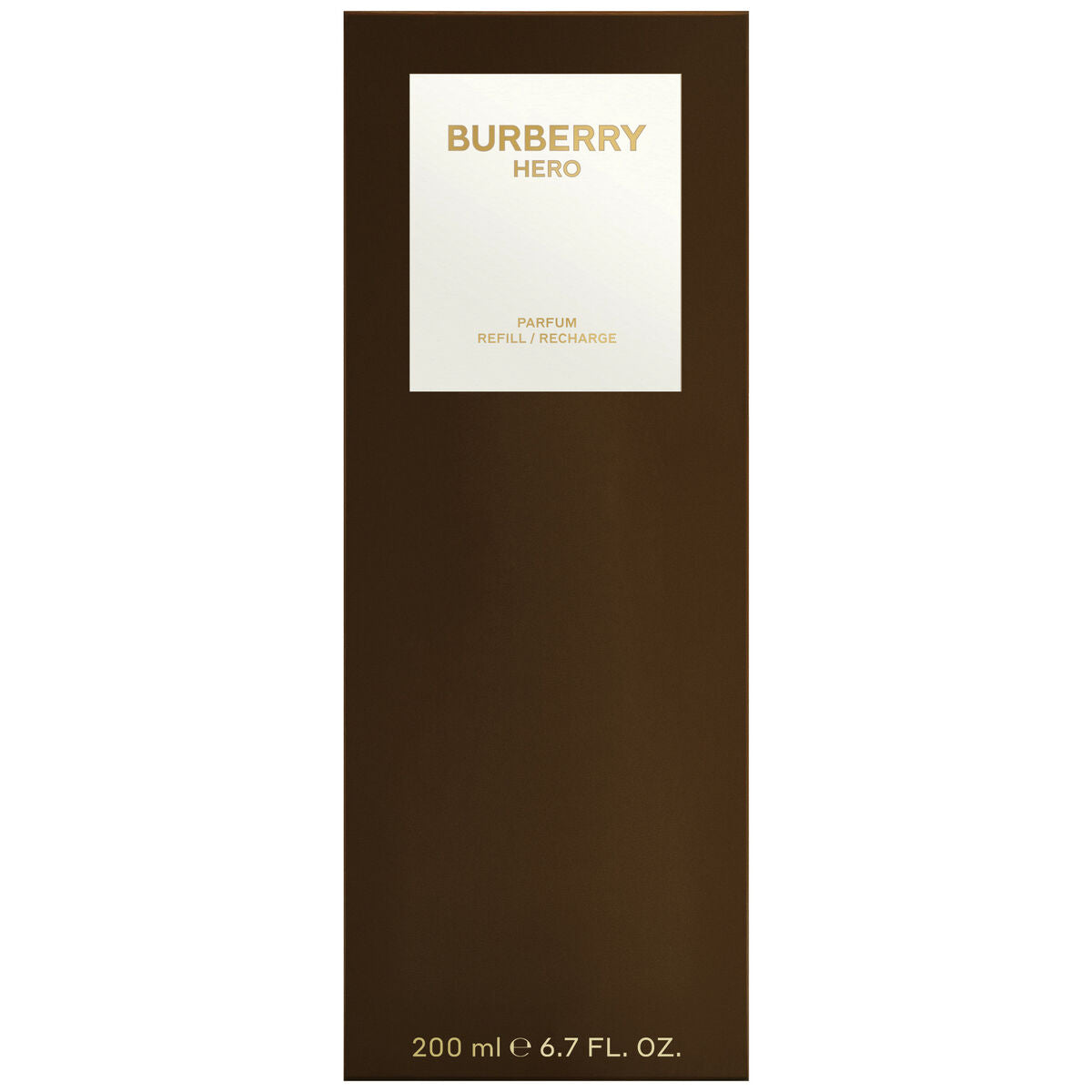 Burberry Hero 200 ml refillable men's fragrance packaging in elegant brown design.