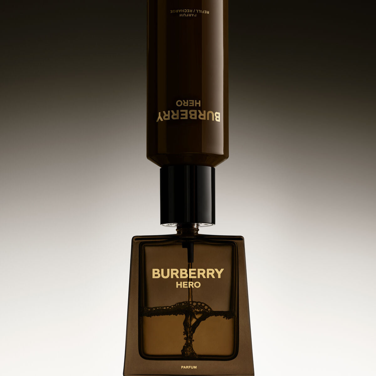 Burberry HERO 200 ml men's parfum in an elegant glass bottle with a unique design.