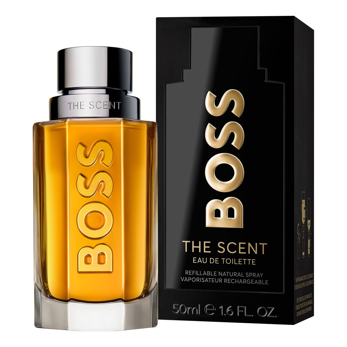 BOSS THE SCENT Eau de Toilette 50 ml bottle and box, unisex fragrance in sleek packaging.