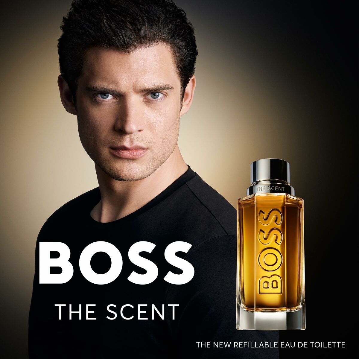 BOSS THE SCENT EDT 50 ml displayed with a model, showcasing the unisex fragrance in a sleek bottle.