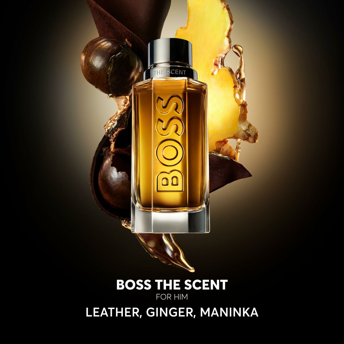 Parfum BOSS THE SCENT pour homme avec notes de cuir, gingembre et maninka, flacon en vedette.