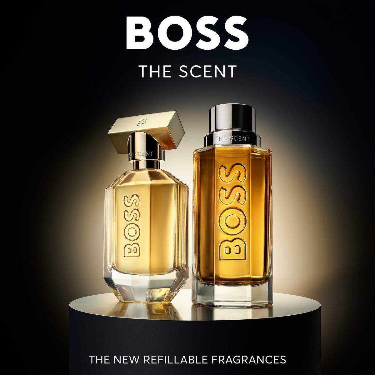 BOSS THE SCENT fragrances displayed elegantly, showcasing refillable bottles for a unisex perfume experience.