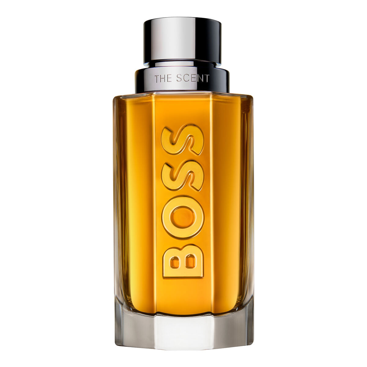 BOSS THE SCENT EDT 200 ml bottle showcasing its elegant design and rich golden fragrance.