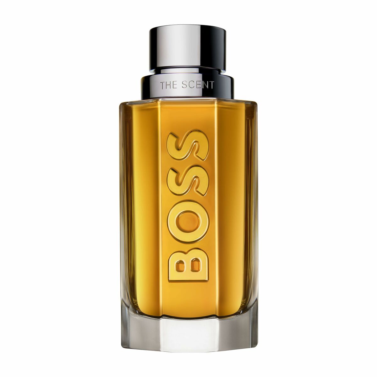 BOSS THE SCENT EDT 200 ml fragrance bottle showcasing its elegant design and amber liquid.
