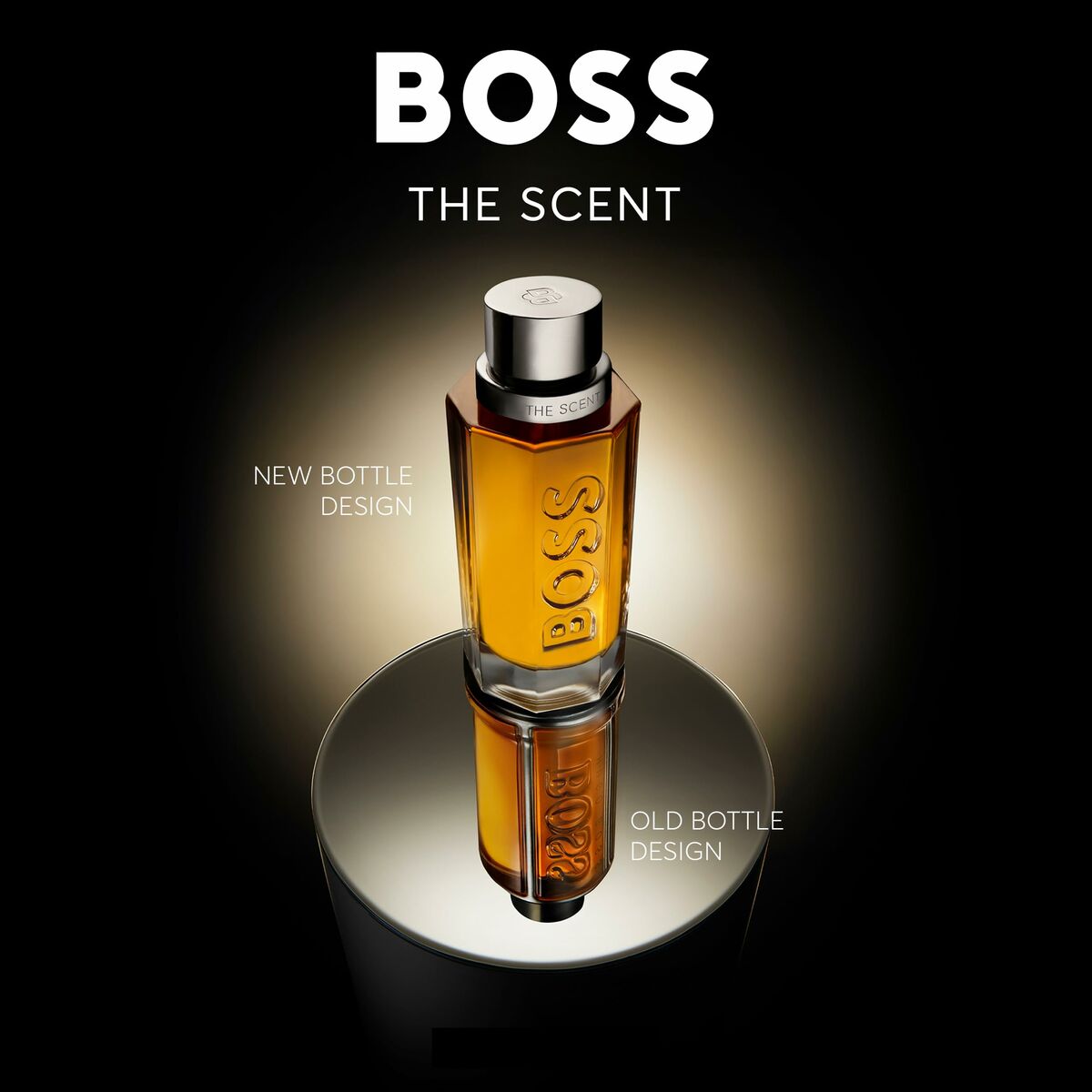Parfum BOSS THE SCENT EDT showcasing new and old bottle designs on a reflective surface.