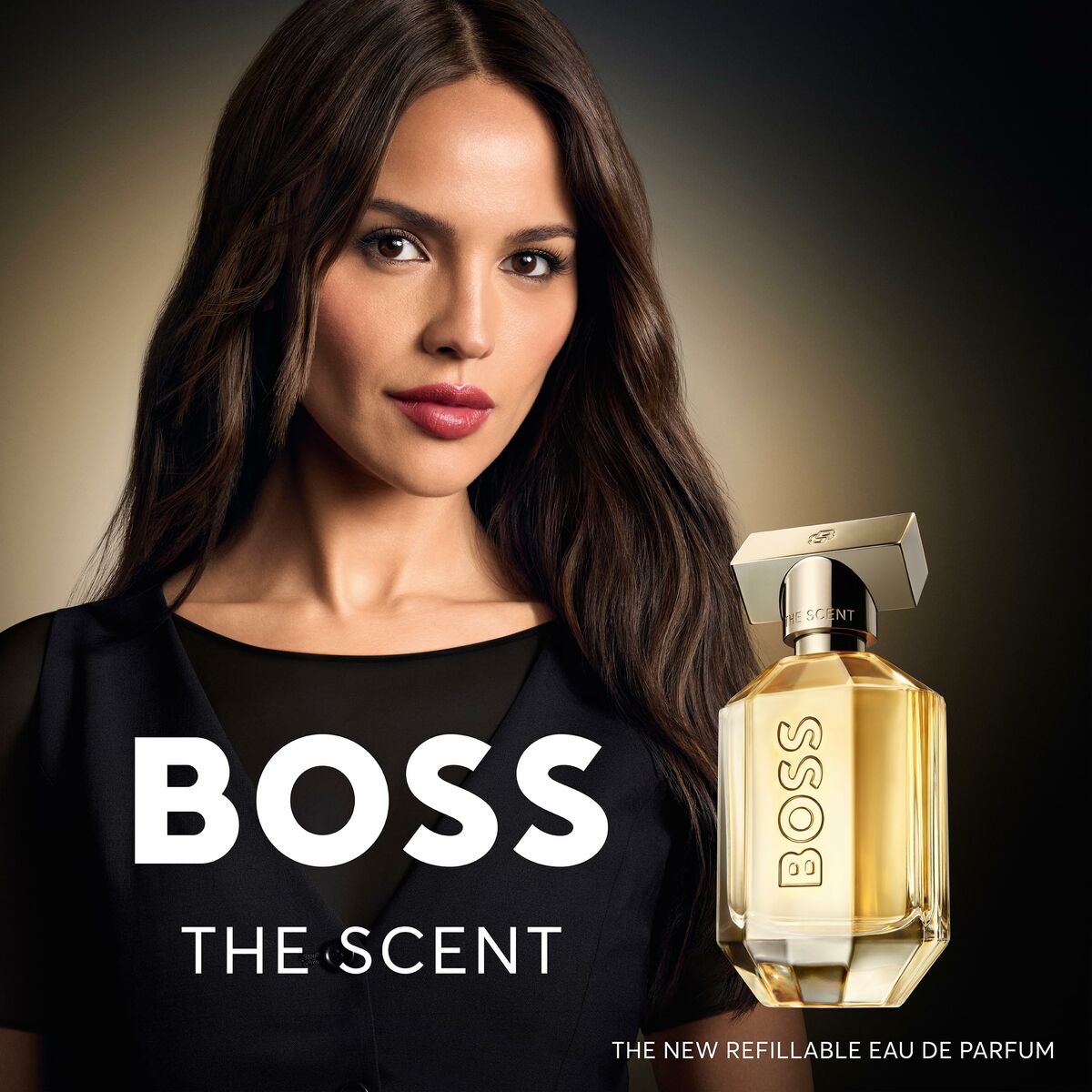 Hugo Boss THE SCENT for Her 30ml perfume bottle with model showcasing fragrance in elegant presentation.