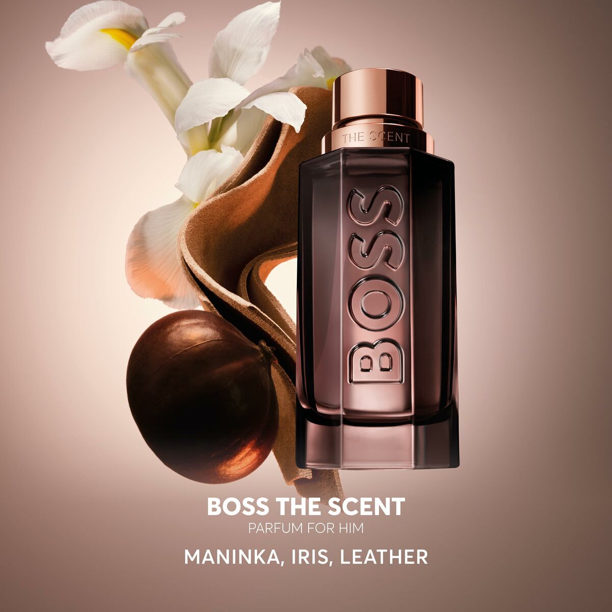 Parfum Hugo Boss The Scent 50 ml, unisexe, notes de maninka, iris et cuir, packaging élégant.